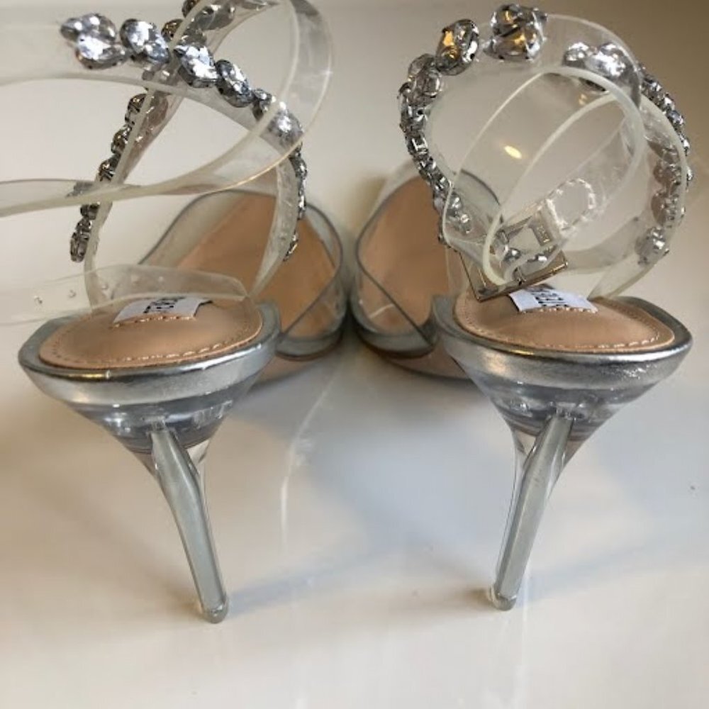 New STEVE MADDEN Vary Clear & Silver Rhinestone Ankle Strap Stiletto Pumps 7.5 - Picture 4 of 6